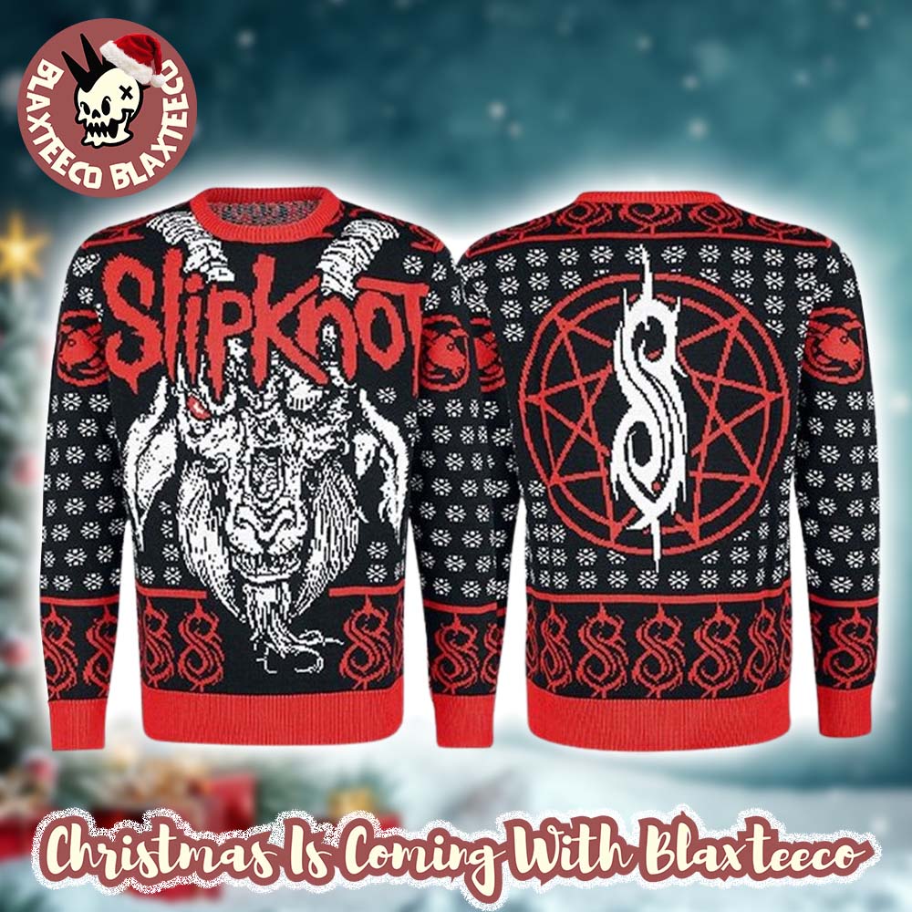 Slipknot Big Logo Goat Face Snowflakes Pattern Knitted Signature Black And Red Ugly Christmas Sweater