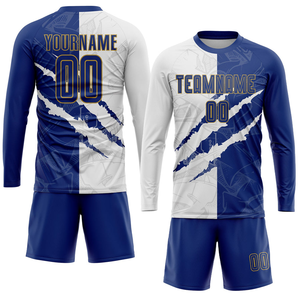 Custom Graffiti Pattern Royal White-Old Gold Scratch Sublimation Soccer Uniform Jersey