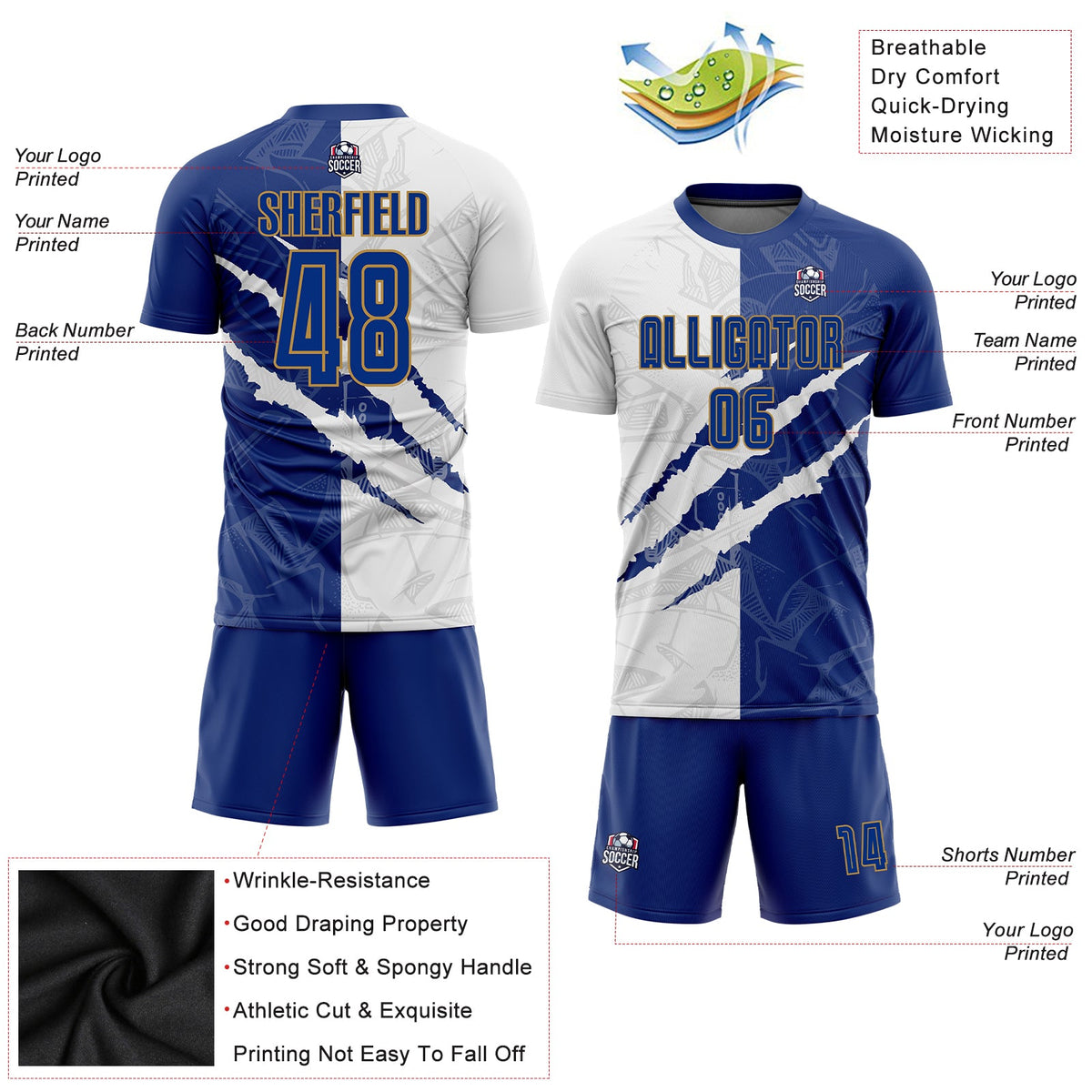 Custom Graffiti Pattern Royal White-Old Gold Scratch Sublimation Soccer Uniform Jersey