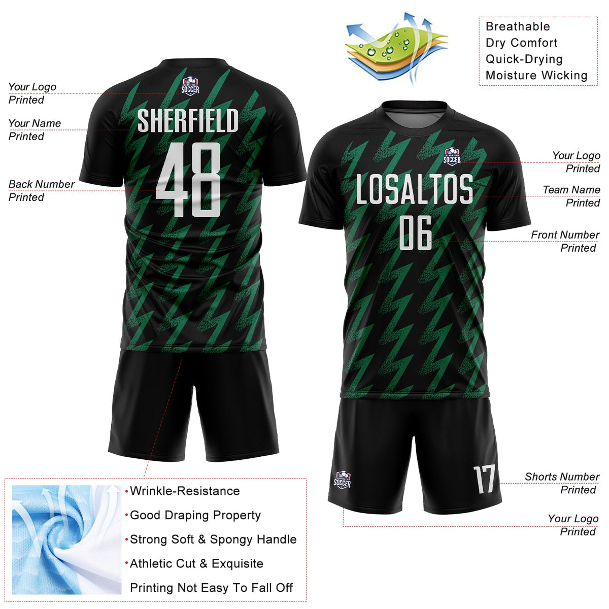 Custom Black White-Kelly Green Zigzag Shape Sublimation Soccer Uniform Jersey