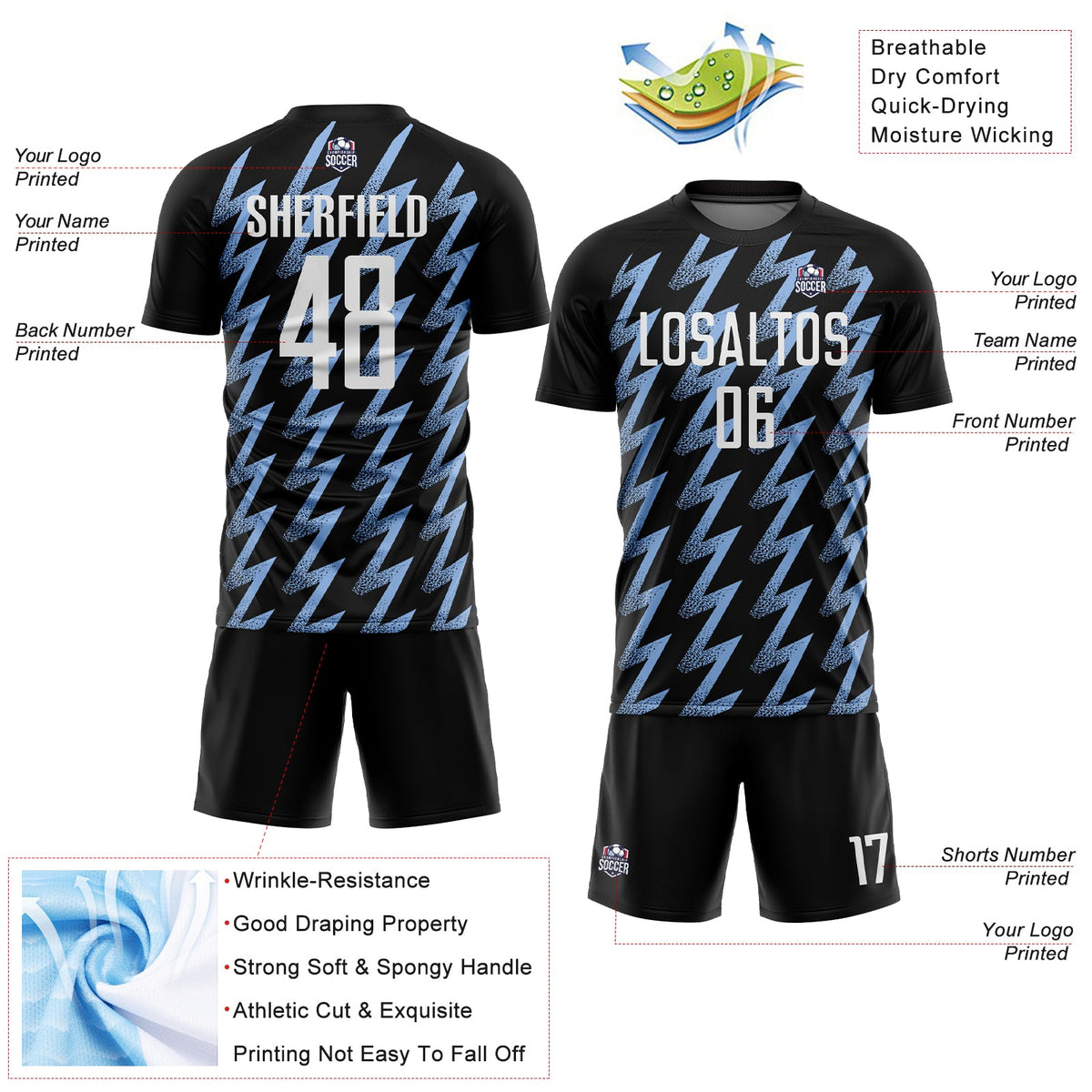 Custom Black White-Light Blue Zigzag Shape Sublimation Soccer Uniform Jersey