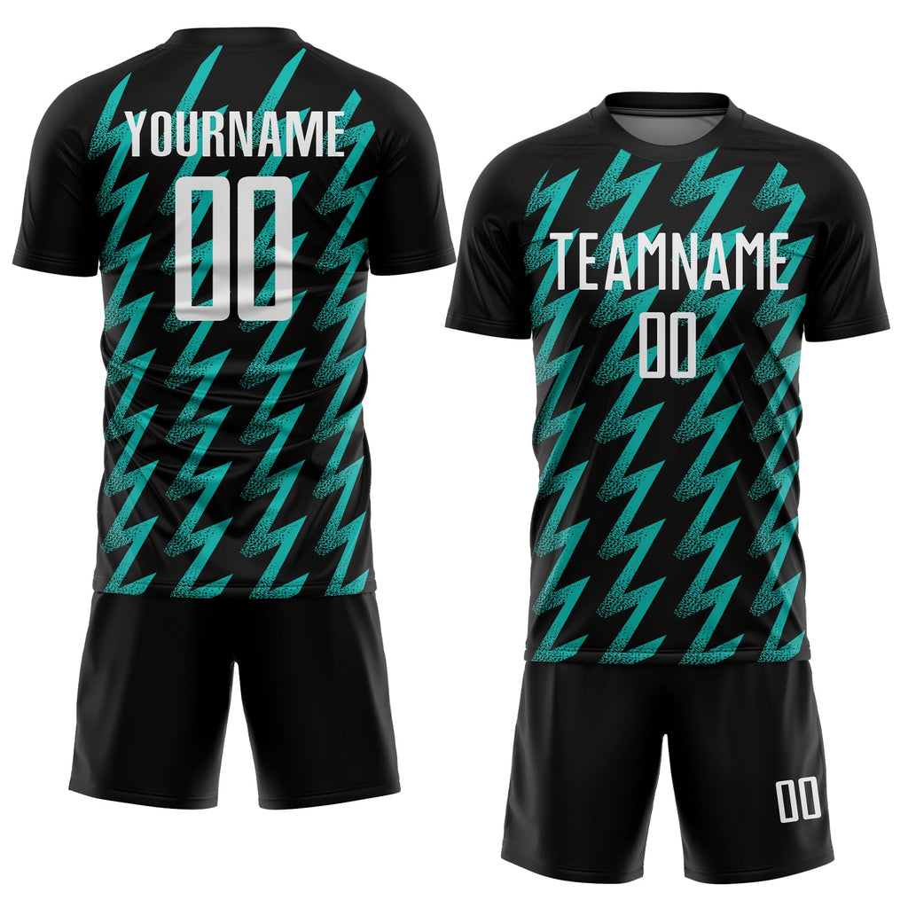 Custom Black White-Aqua Zigzag Shape Sublimation Soccer Uniform Jersey
