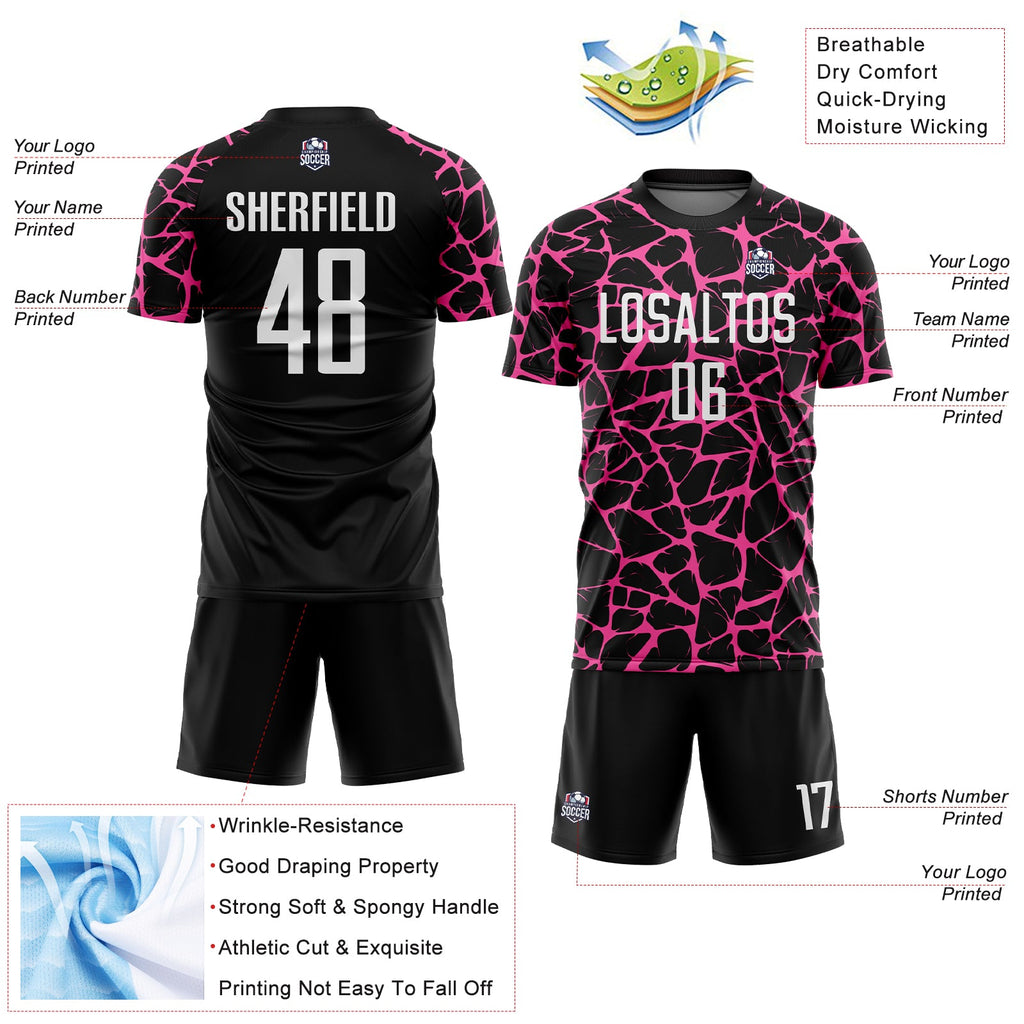 Custom Black White-Pink Abstract Network Splash Sublimation Soccer Uniform Jersey