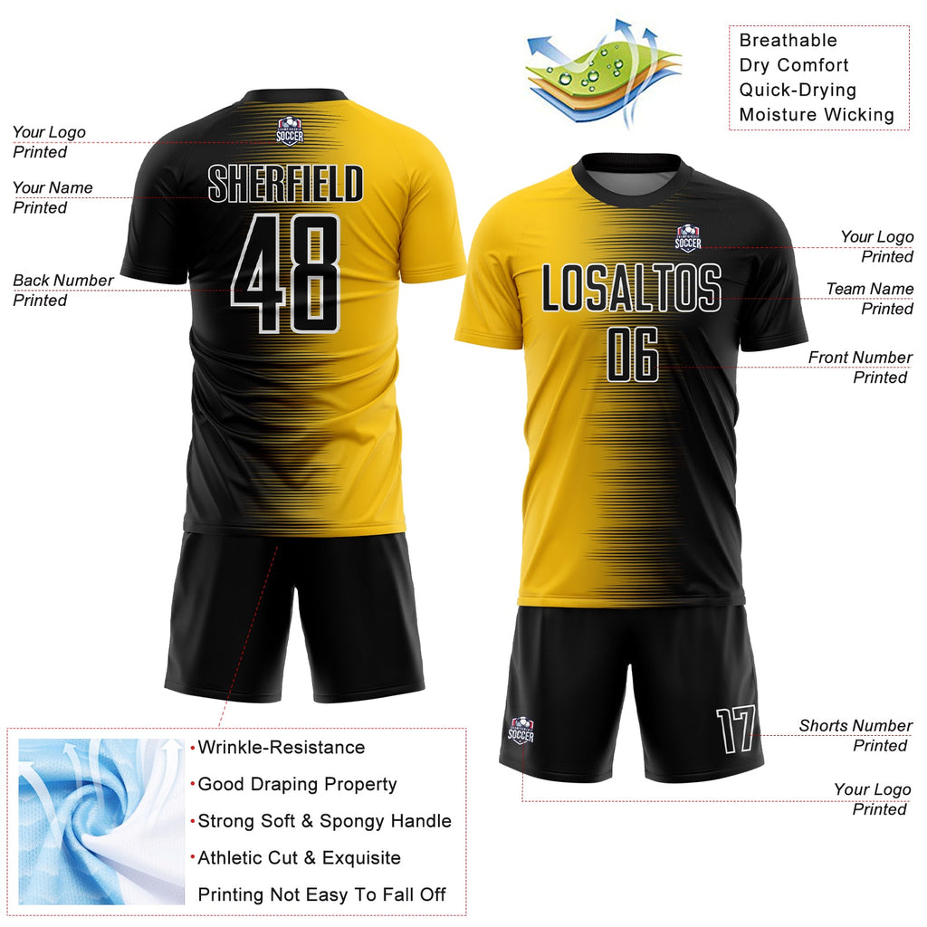 Custom Black Yellow-White Gradient Line Sublimation Soccer Uniform Jersey
