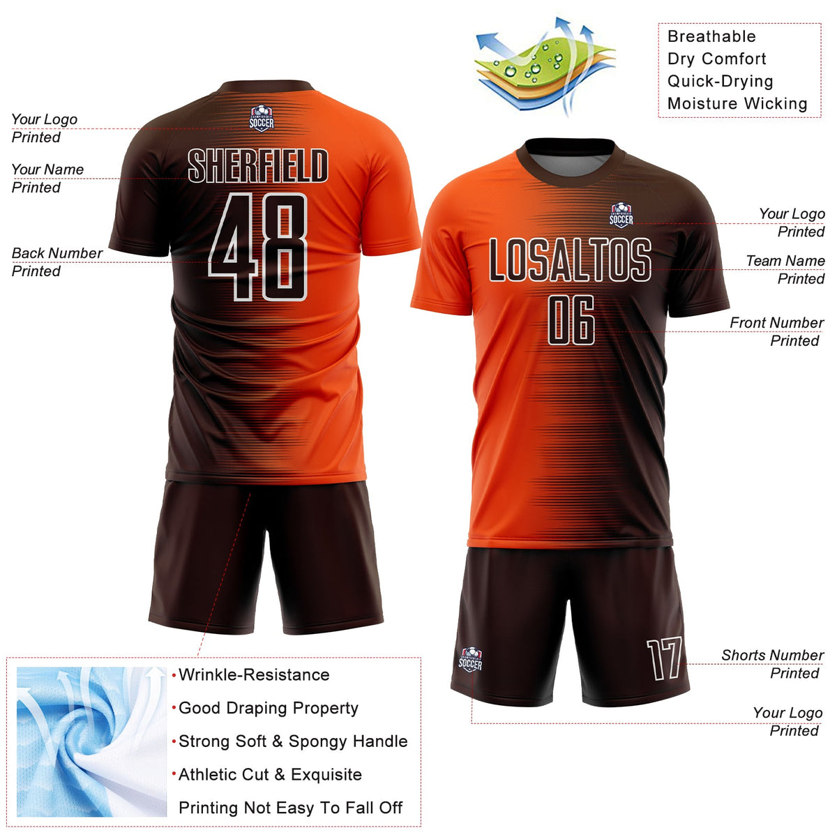 Custom Brown Orange-White Gradient Line Sublimation Soccer Uniform Jersey