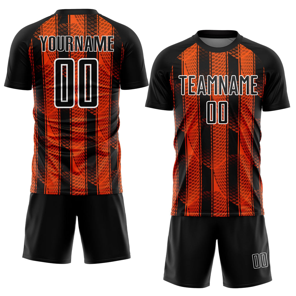 Custom Black Orange-White Abstract Network Sublimation Soccer Uniform Jersey