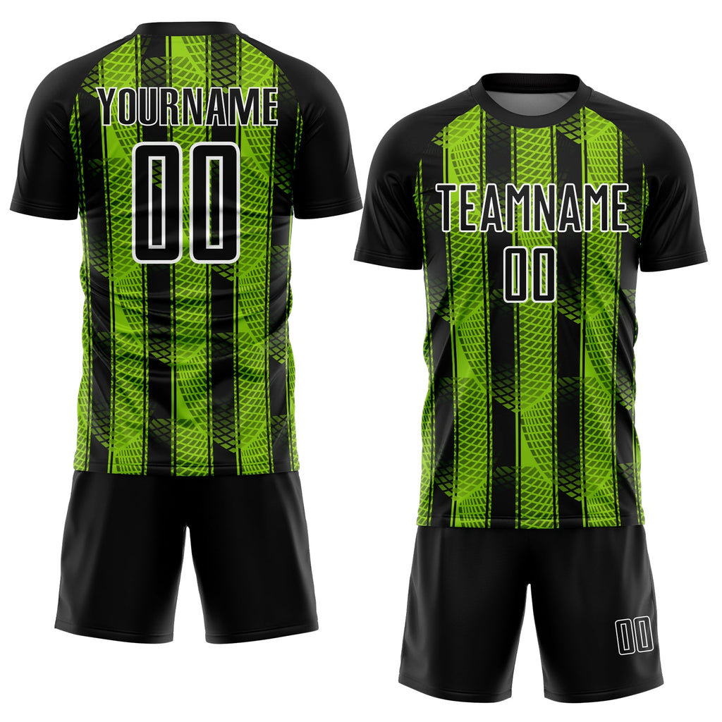 Custom Black Neon Green-White Abstract Network Sublimation Soccer Uniform Jersey