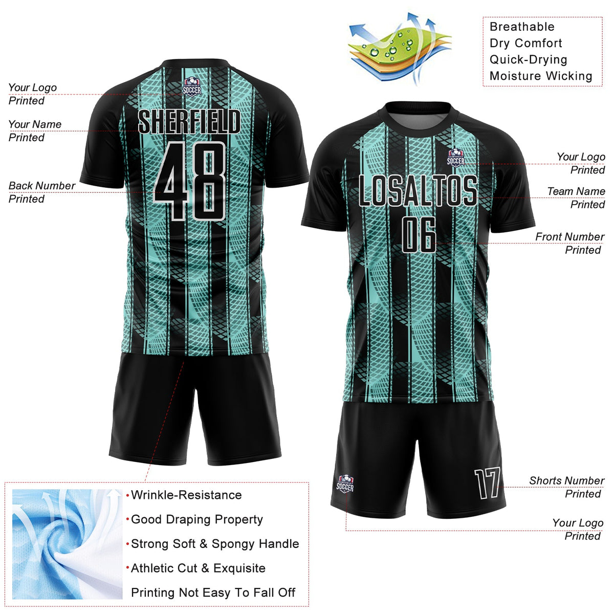 Custom Black Ice Blue-White Abstract Network Sublimation Soccer Uniform Jersey