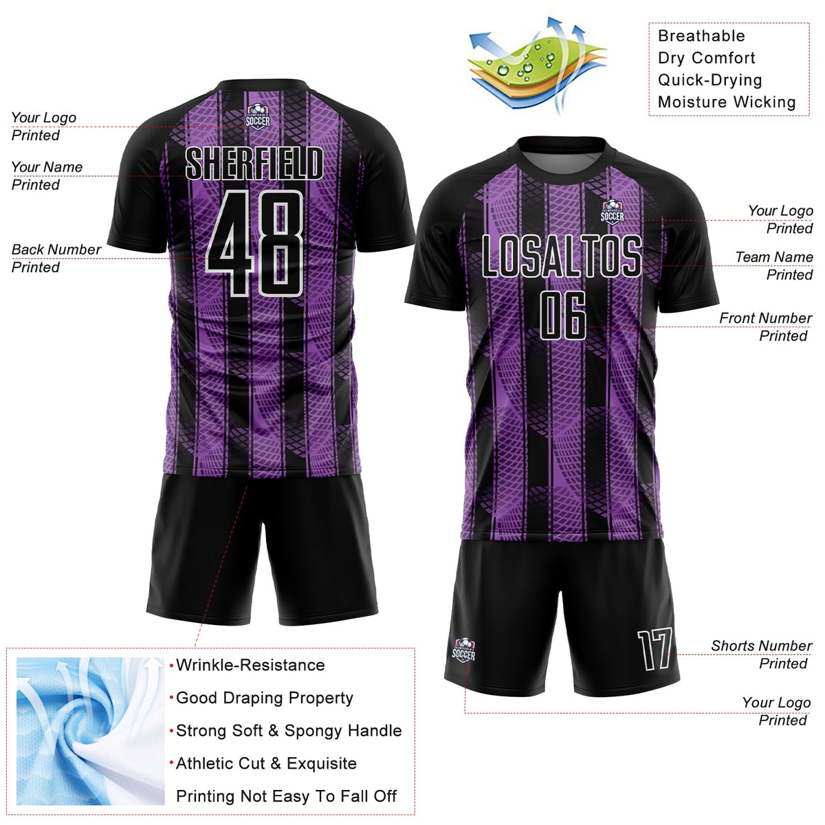 Custom Black Medium Purple-White Abstract Network Sublimation Soccer Uniform Jersey