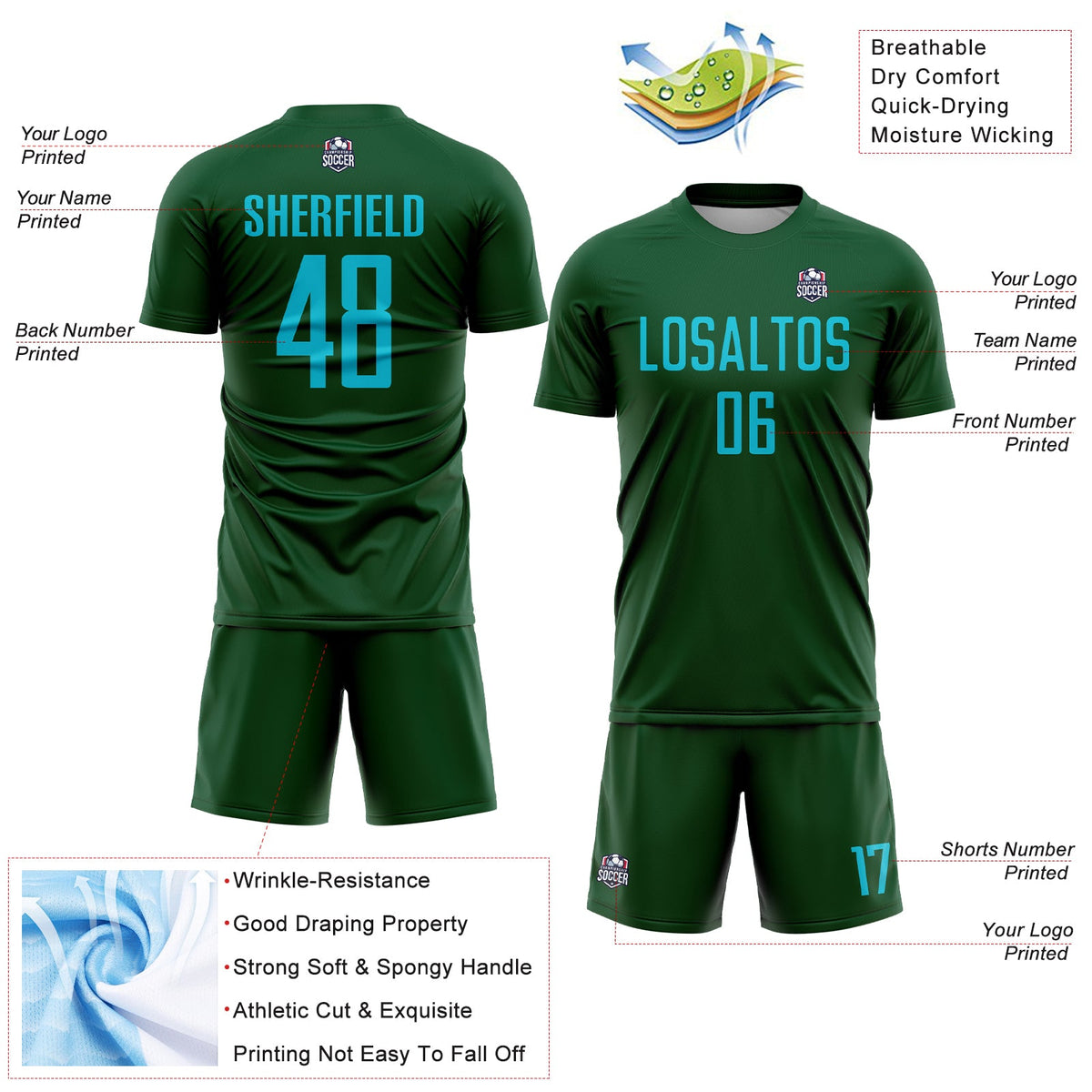Custom Green Lakes Blue Sublimation Soccer Uniform Jersey