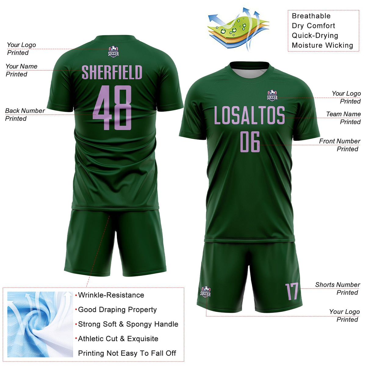 Custom Green Light Purple Sublimation Soccer Uniform Jersey
