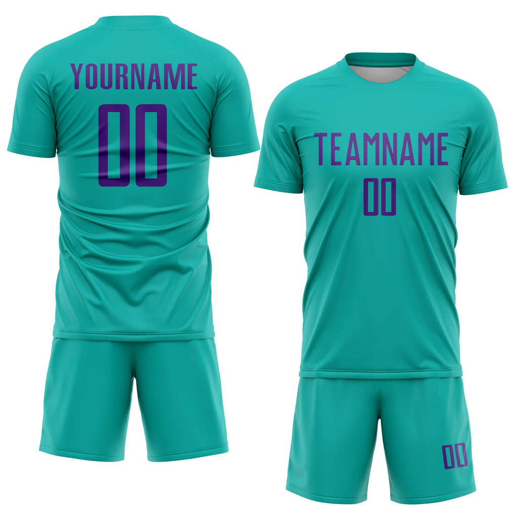 Custom Aqua Purple Sublimation Soccer Uniform Jersey
