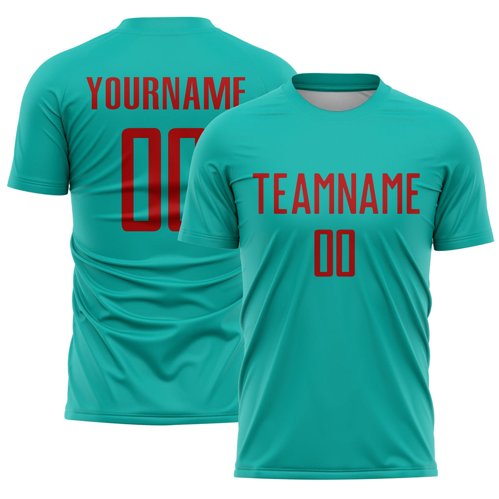 Custom Aqua Red Sublimation Soccer Uniform Jersey