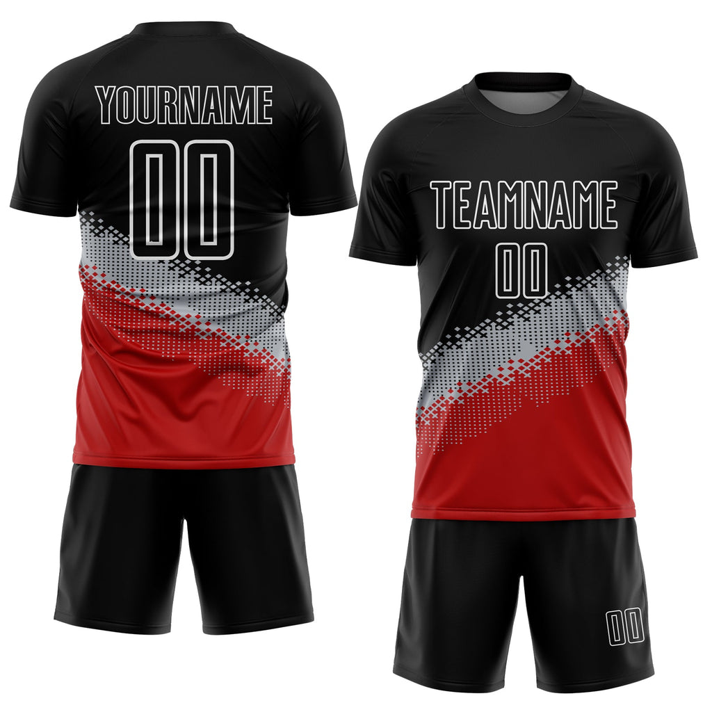 Custom Black Gray-Red Gradient Geometric Shape Sublimation Soccer Uniform Jersey