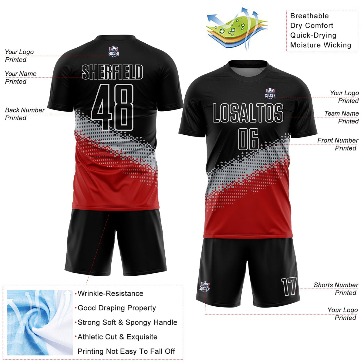 Custom Black Gray-Red Gradient Geometric Shape Sublimation Soccer Uniform Jersey