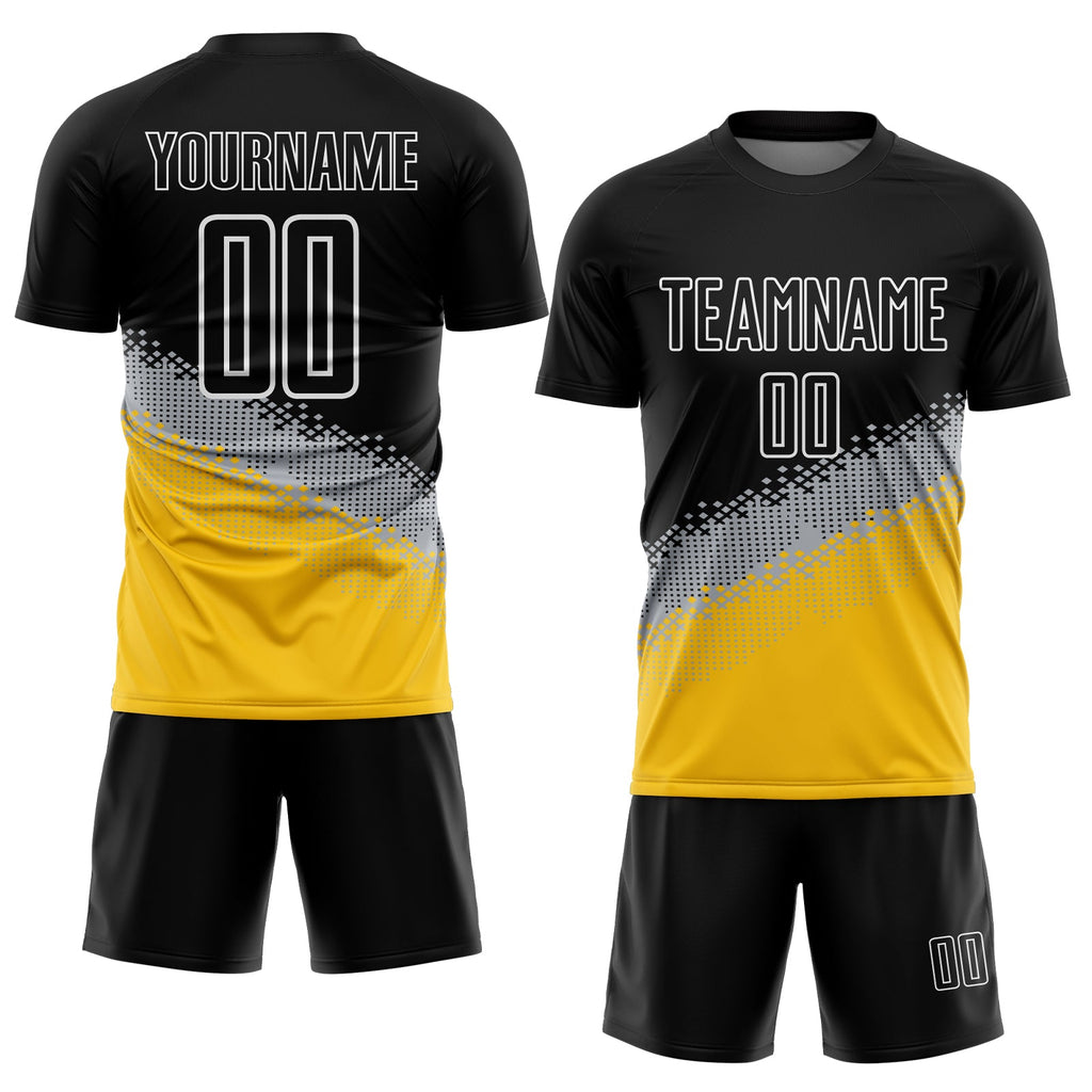 Custom Black Gray-Yellow Gradient Geometric Shape Sublimation Soccer Uniform Jersey