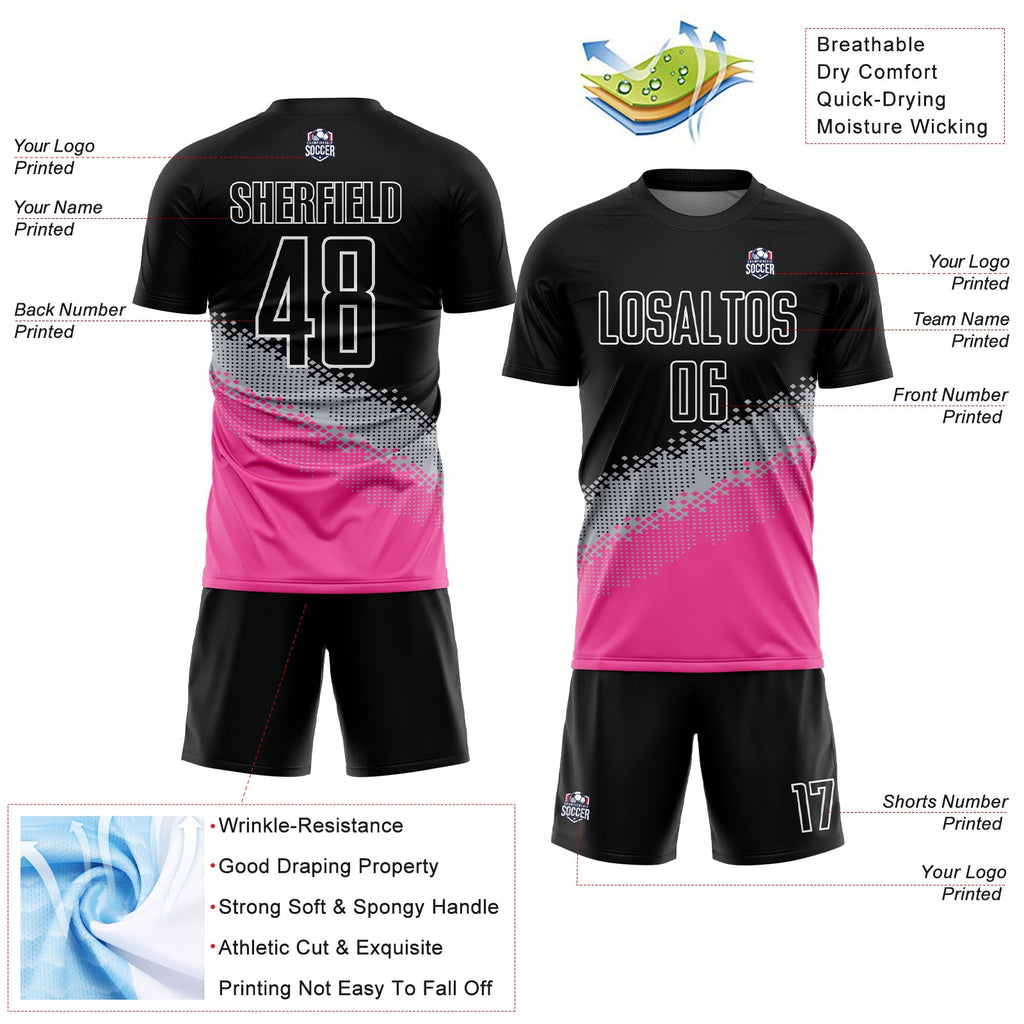 Custom Black Gray-Pink Gradient Geometric Shape Sublimation Soccer Uniform Jersey