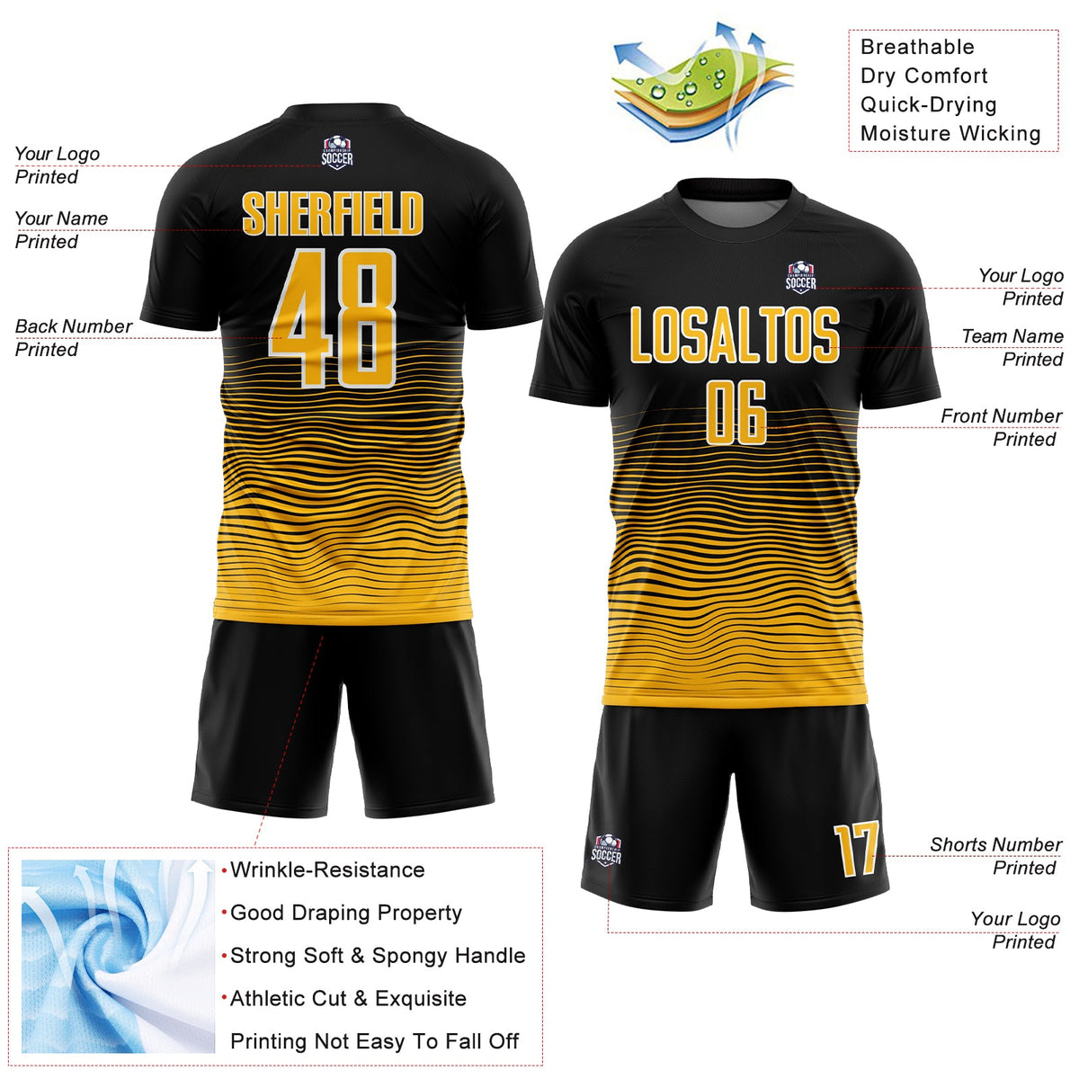 Custom Black Gold-White Gradient Line Sublimation Soccer Uniform Jersey