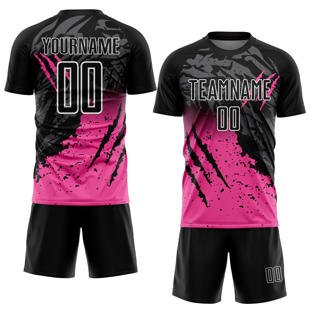Custom Black Pink-White Gradient Scratch Splash Sublimation Soccer Uniform Jersey