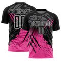 Custom Black Pink-White Gradient Scratch Splash Sublimation Soccer Uniform Jersey
