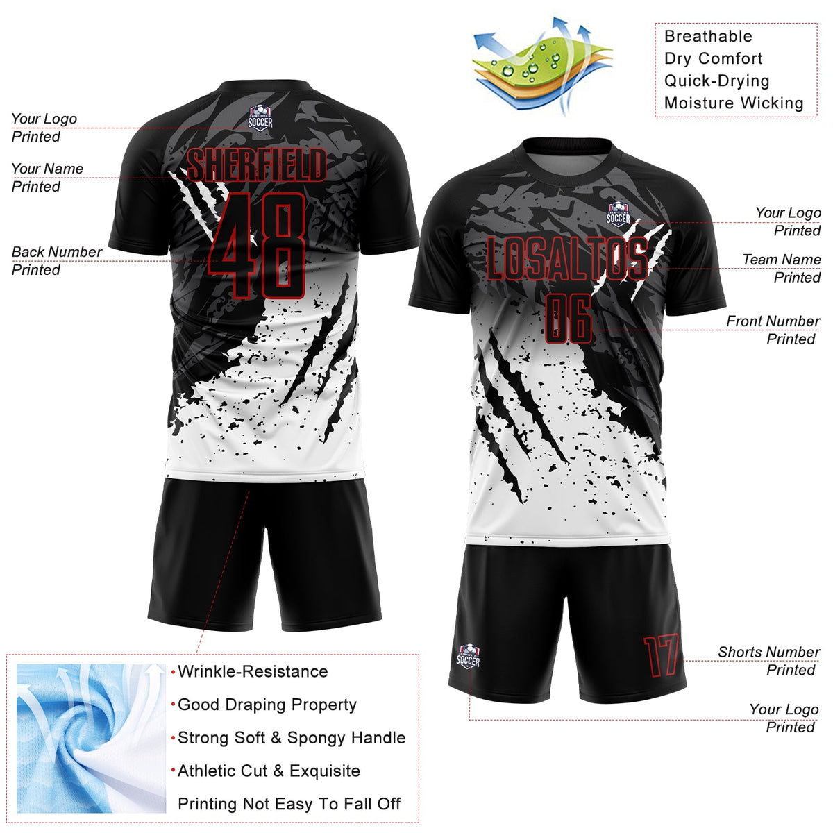 Custom Black White-Red Gradient Scratch Splash Sublimation Soccer Uniform Jersey
