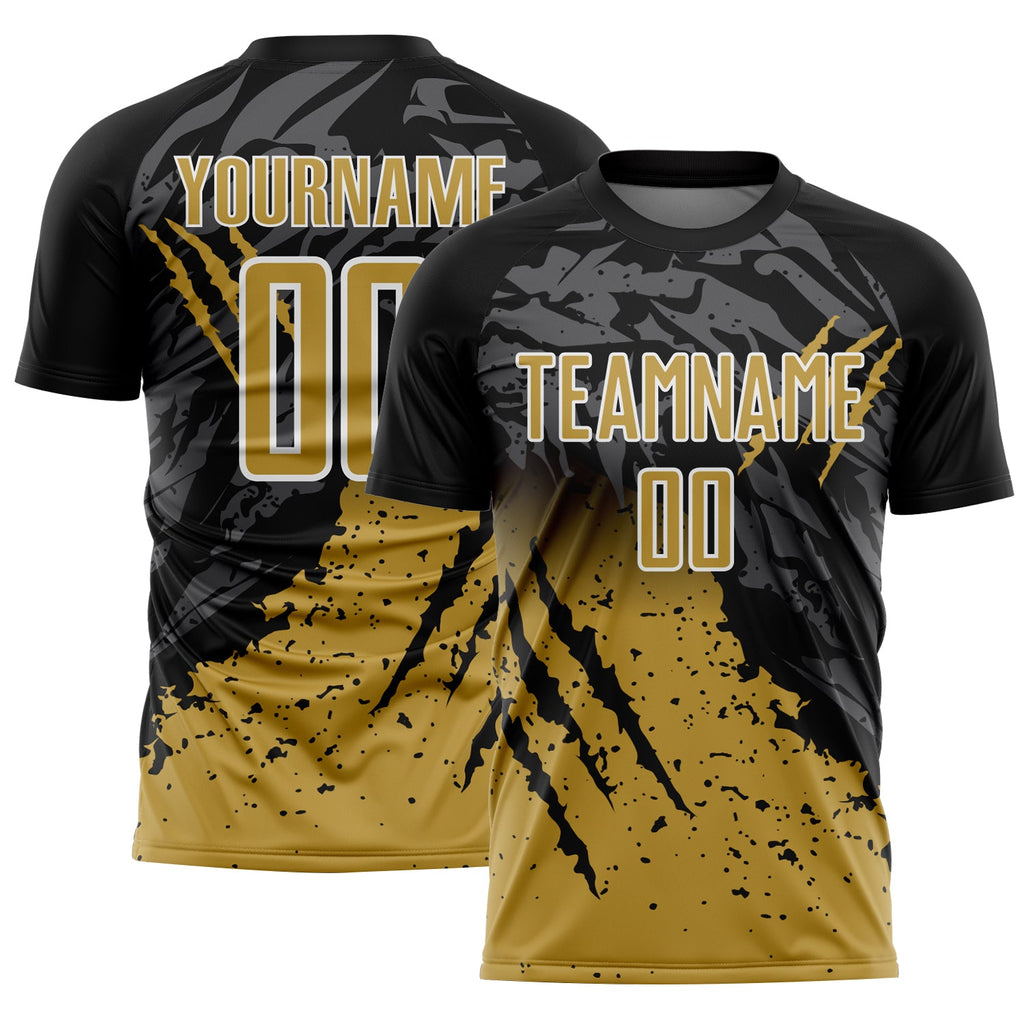 Custom Black Old Gold-White Gradient Scratch Splash Sublimation Soccer Uniform Jersey