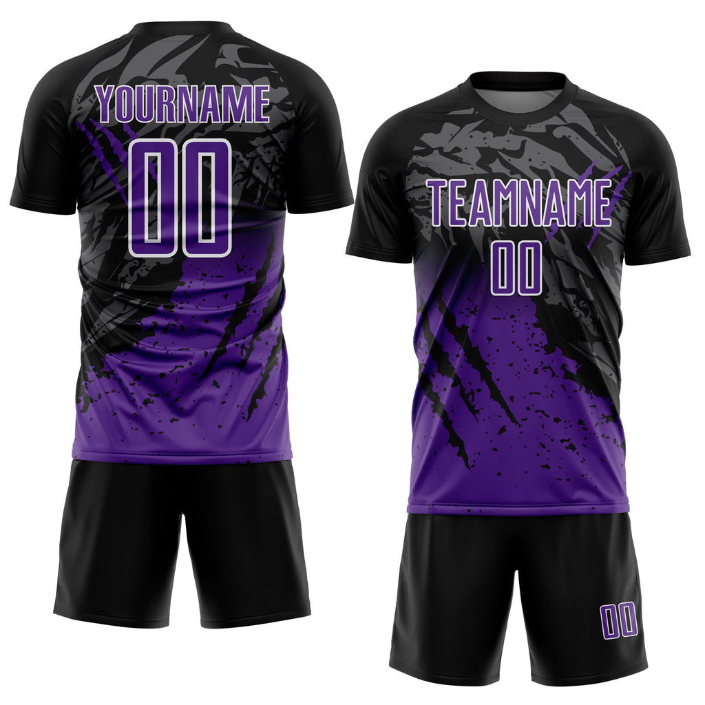 Custom Black Purple-White Gradient Scratch Splash Sublimation Soccer Uniform Jersey