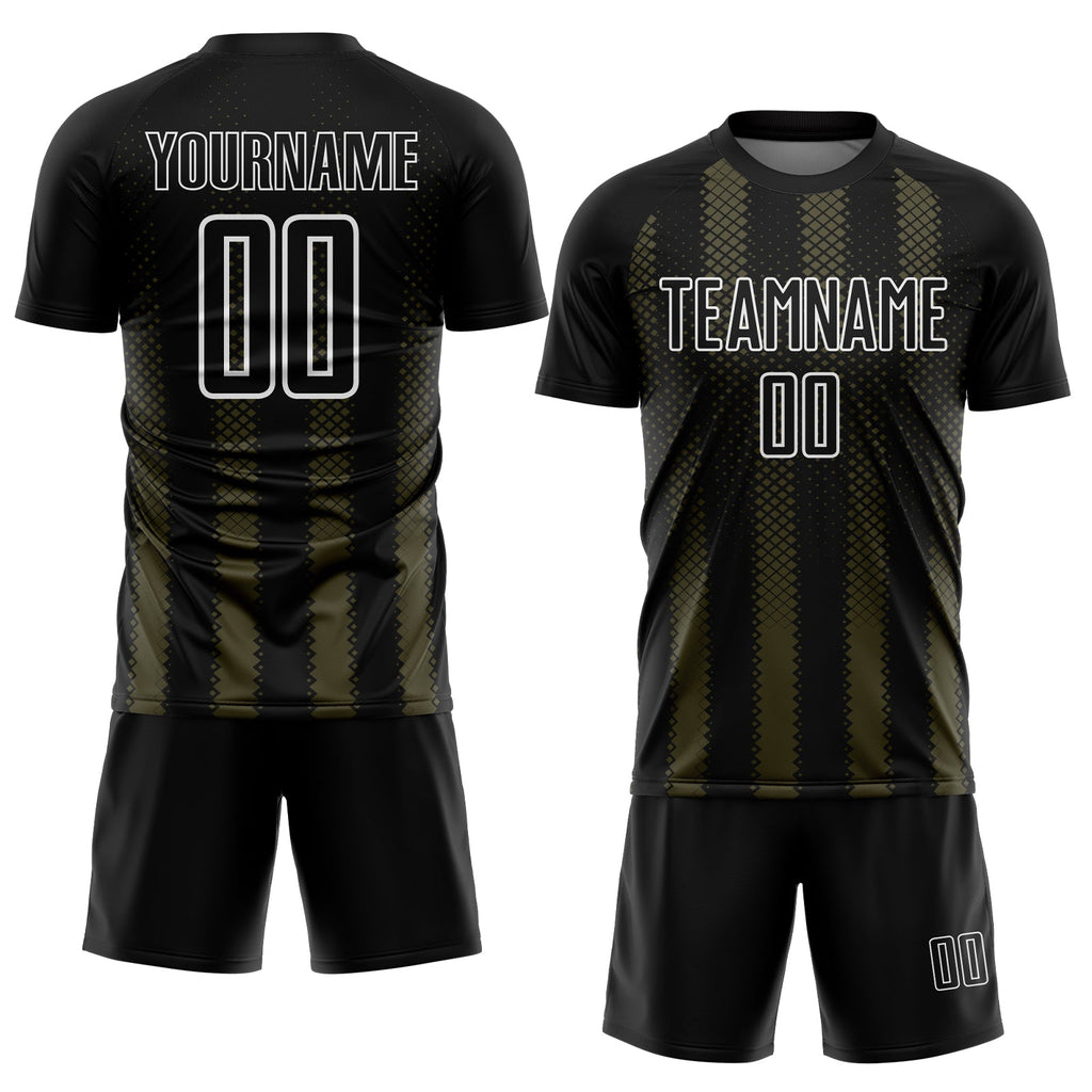 Custom Black Olive-White Geometric Shape Sublimation Soccer Uniform Jersey