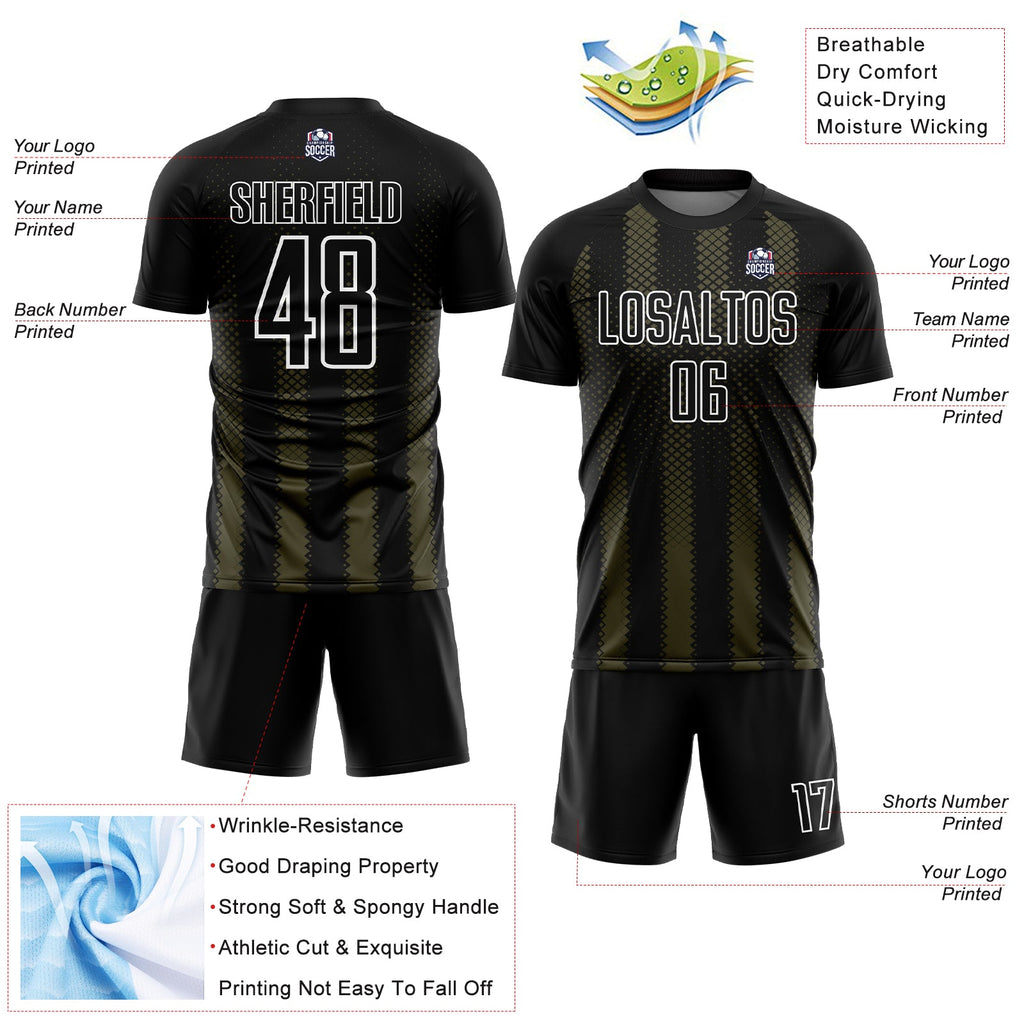Custom Black Olive-White Geometric Shape Sublimation Soccer Uniform Jersey