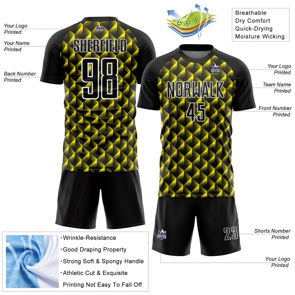 Custom Black Light Yellow-White Geometric Shape Sublimation Soccer Uniform Jersey