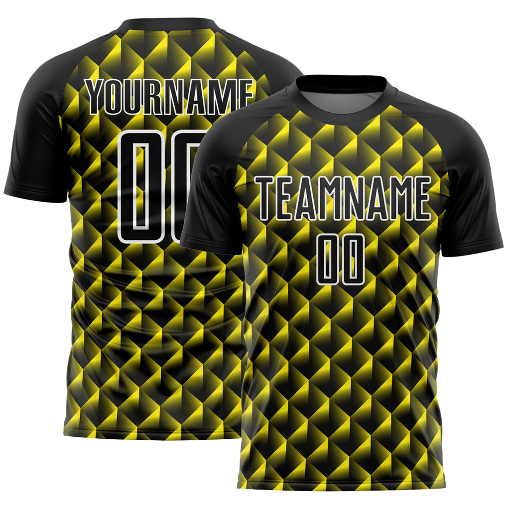 Custom Black Light Yellow-White Geometric Shape Sublimation Soccer Uniform Jersey