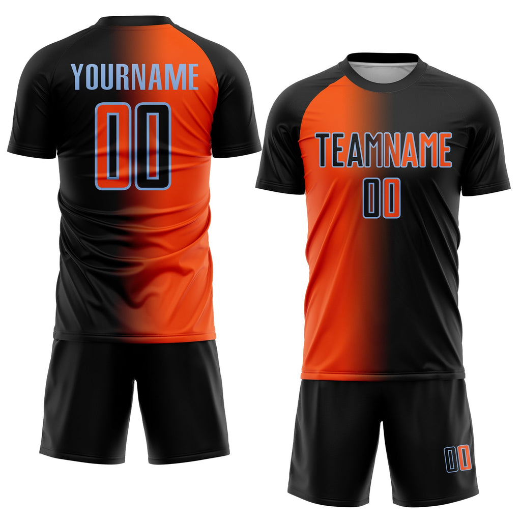 Custom Black Orange-Light Blue Sublimation Gradient Fashion Soccer Uniform Jersey