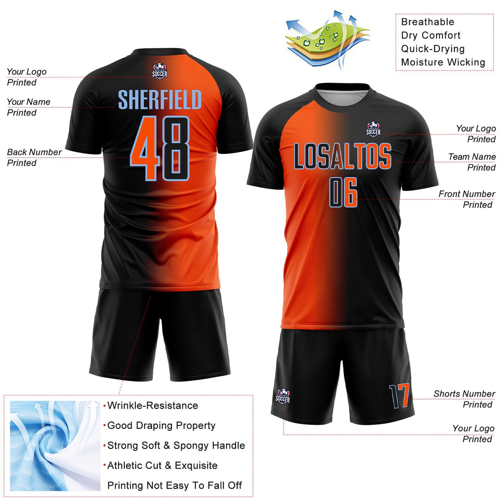 Custom Black Orange-Light Blue Sublimation Gradient Fashion Soccer Uniform Jersey