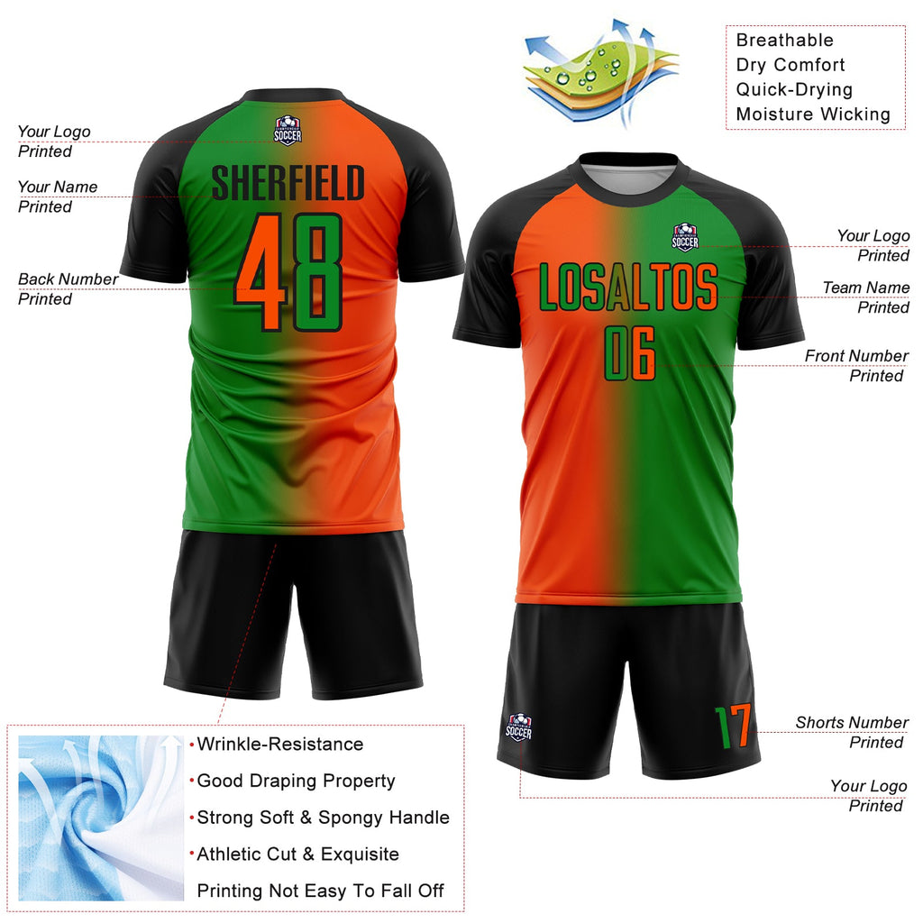 Custom Grass Green Orange-Black Sublimation Gradient Fashion Soccer Uniform Jersey