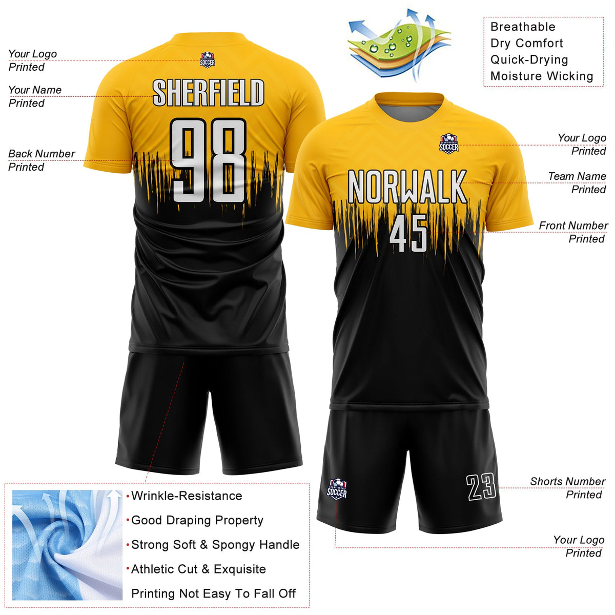 Custom Gold White-Black Gradient Dripping Splatter Art Sublimation Soccer Uniform Jersey