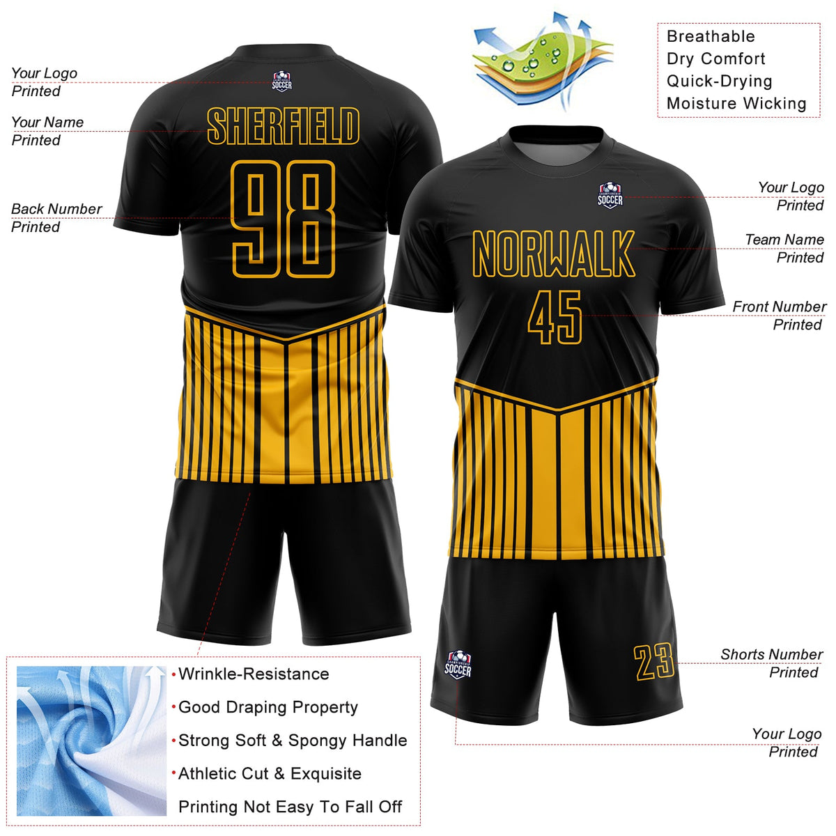 Custom Black Gold Stripe Line Sublimation Soccer Uniform Jersey
