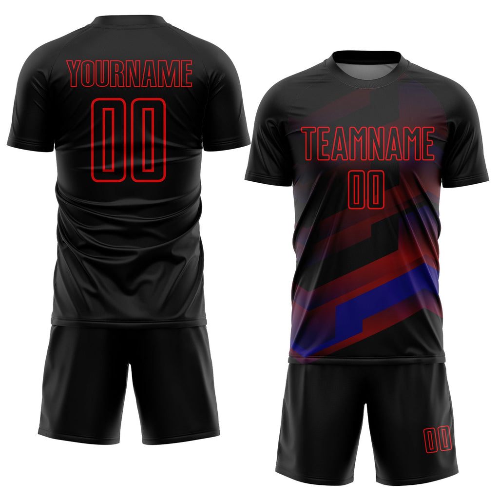 Custom Black Fire Red Gradient Arrow Geometric Shapes Sublimation Soccer Uniform Jersey