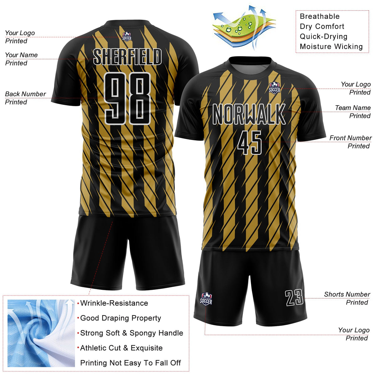 Custom Black Old Gold-White Stripe Line Sublimation Soccer Uniform Jersey