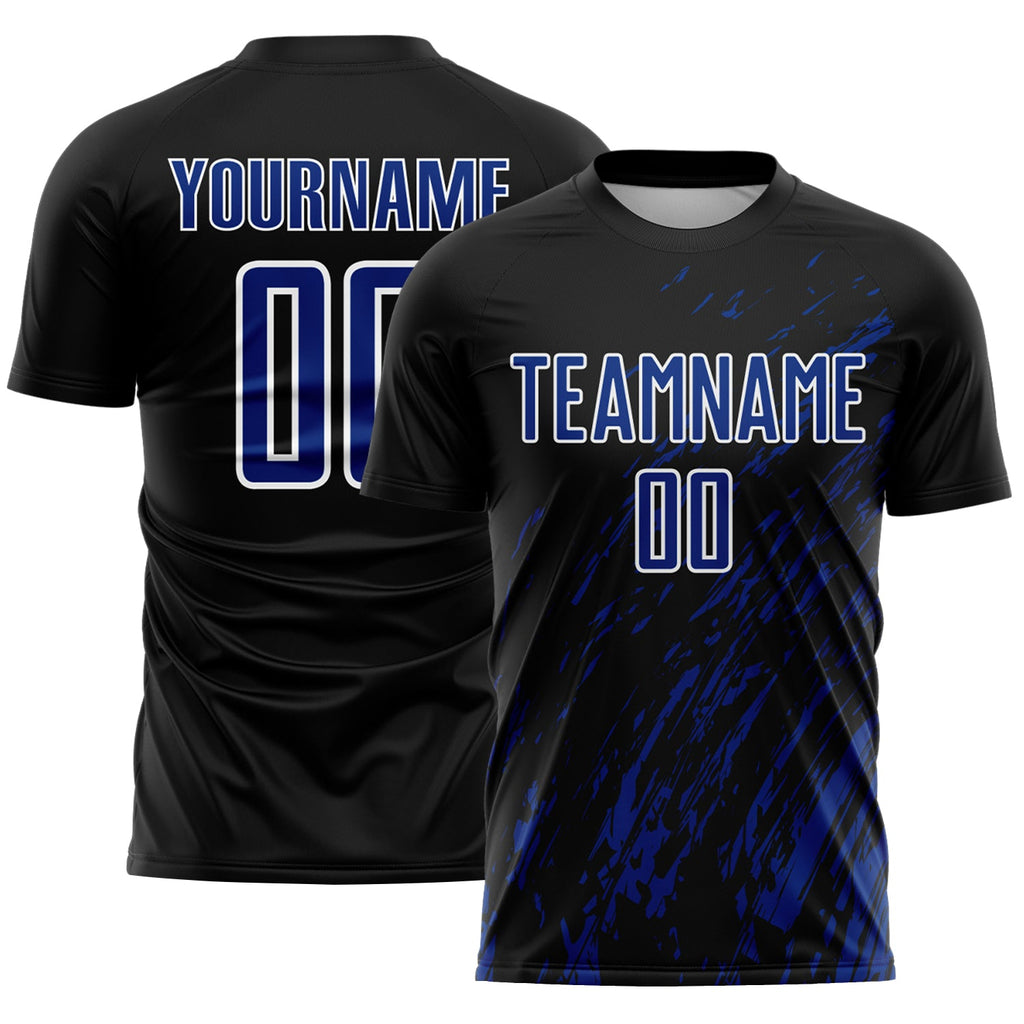 Custom Black Royal-White Splash Sublimation Soccer Uniform Jersey