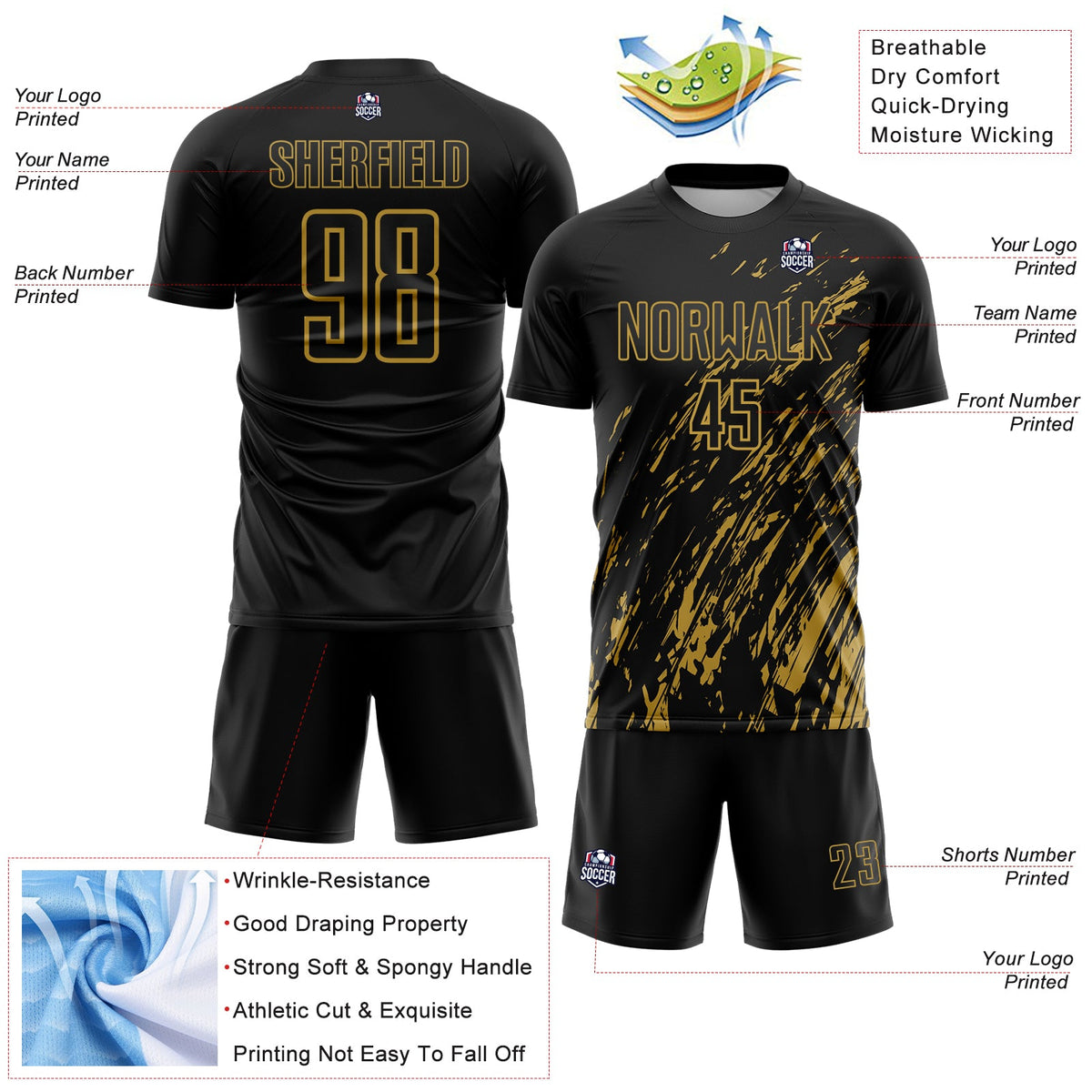 Custom Black Old Gold Splash Sublimation Soccer Uniform Jersey