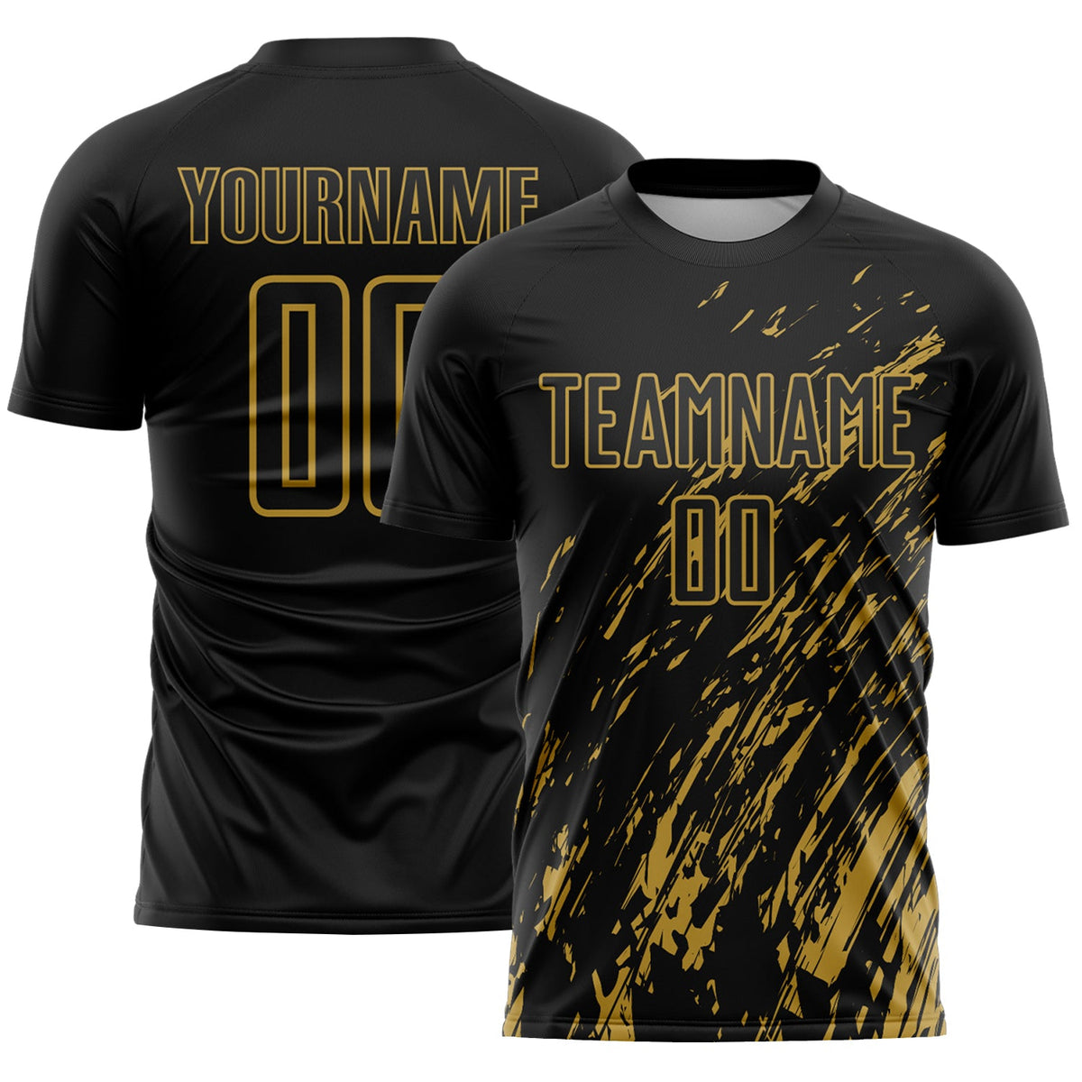 Custom Black Old Gold Splash Sublimation Soccer Uniform Jersey