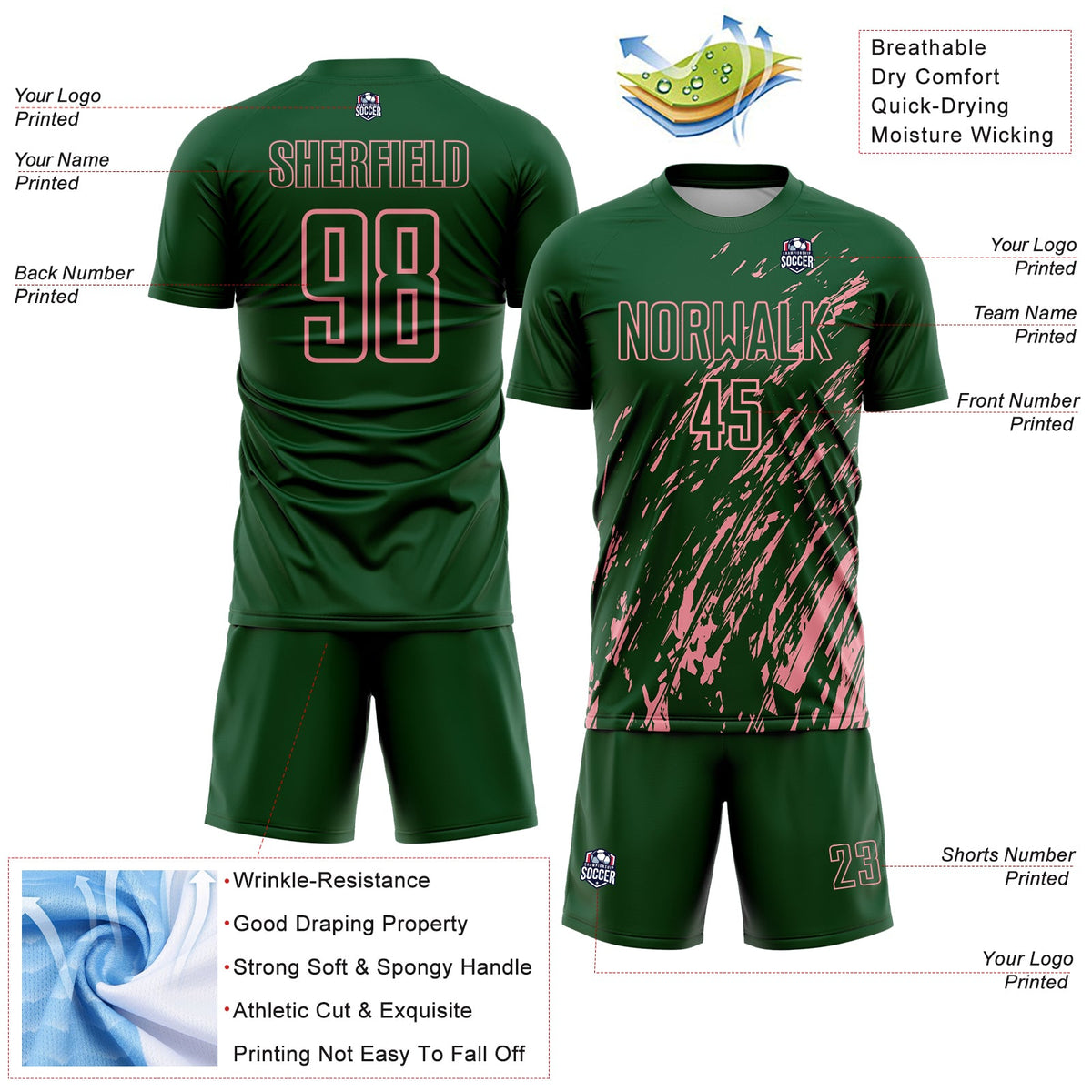 Custom Green Medium Pink Splash Sublimation Soccer Uniform Jersey