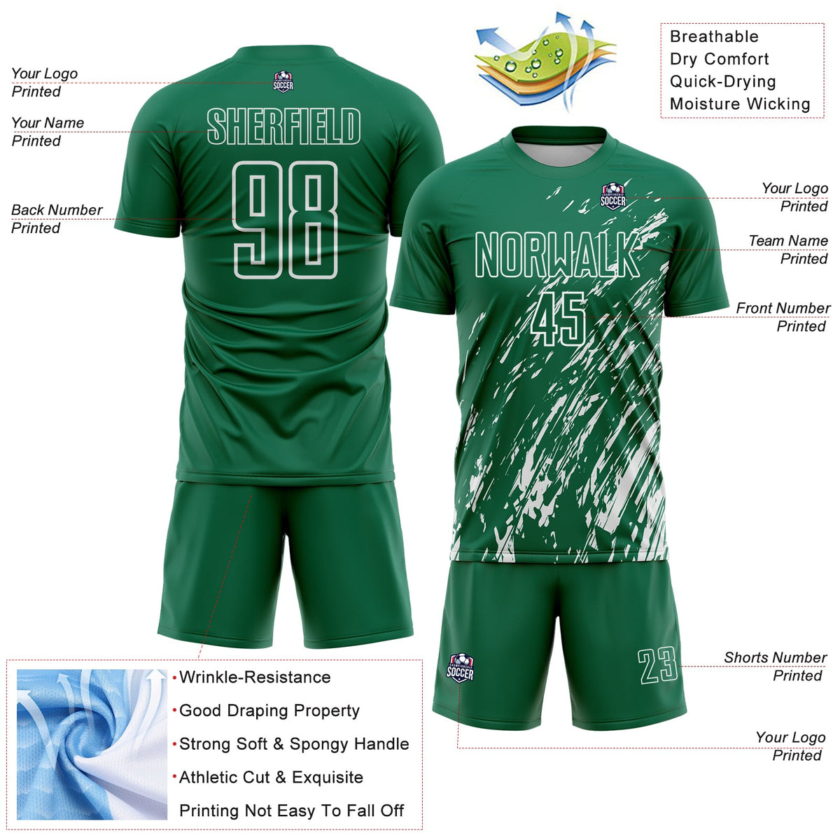 Custom Kelly Green White Splash Sublimation Soccer Uniform Jersey