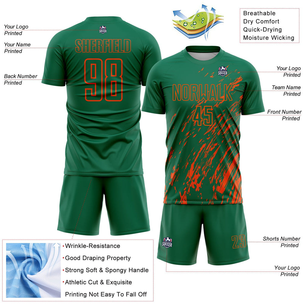 Custom Kelly Green Orange Splash Sublimation Soccer Uniform Jersey