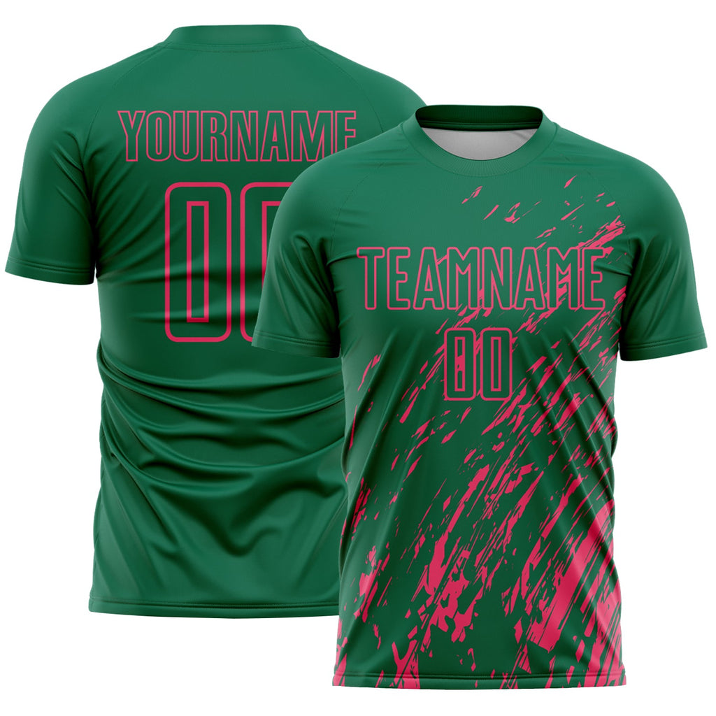 Custom Kelly Green Neon Pink Splash Sublimation Soccer Uniform Jersey