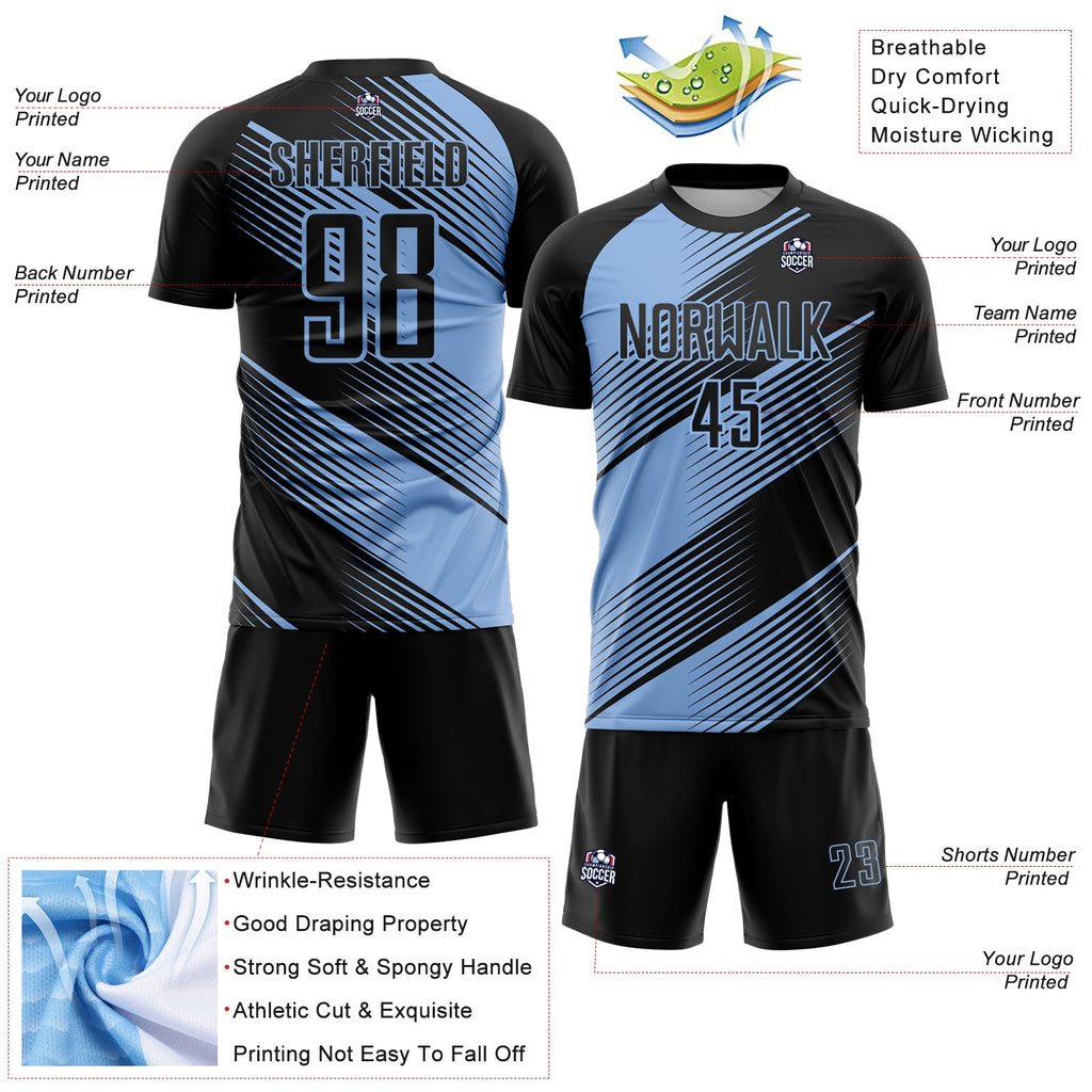 Custom Black Light Blue Line Sublimation Soccer Uniform Jersey
