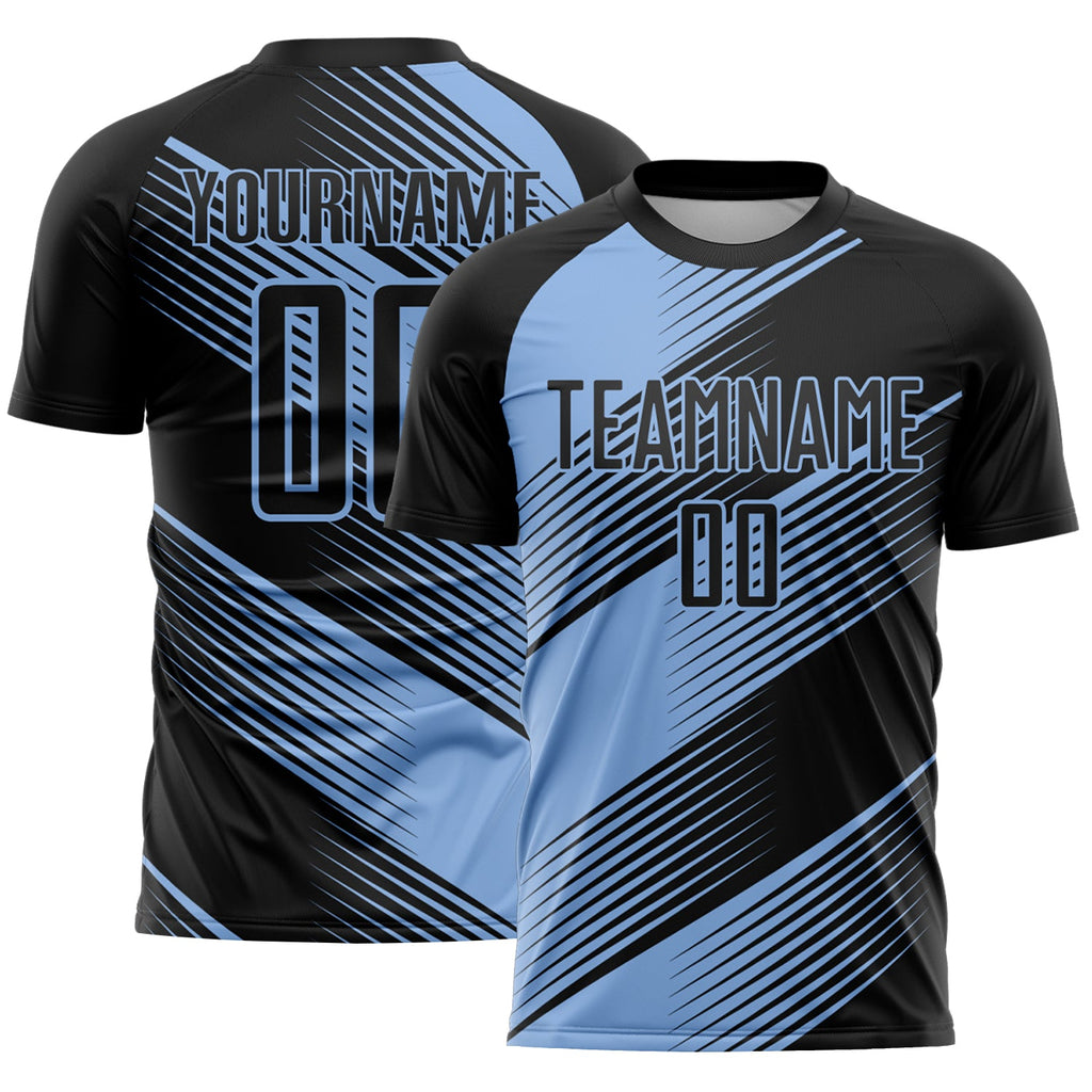 Custom Black Light Blue Line Sublimation Soccer Uniform Jersey