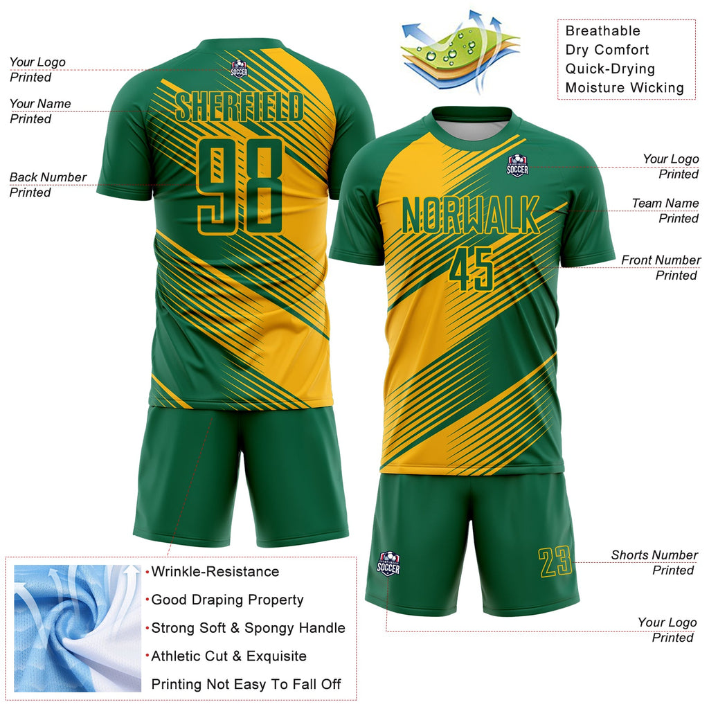 Custom Kelly Green Gold Line Sublimation Soccer Uniform Jersey