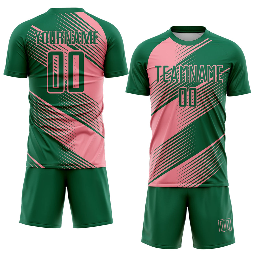 Custom Kelly Green Medium Pink Line Sublimation Soccer Uniform Jersey