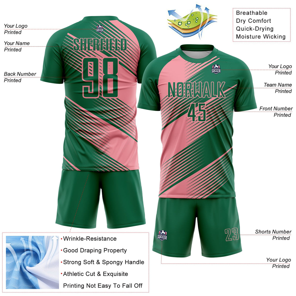 Custom Kelly Green Medium Pink Line Sublimation Soccer Uniform Jersey